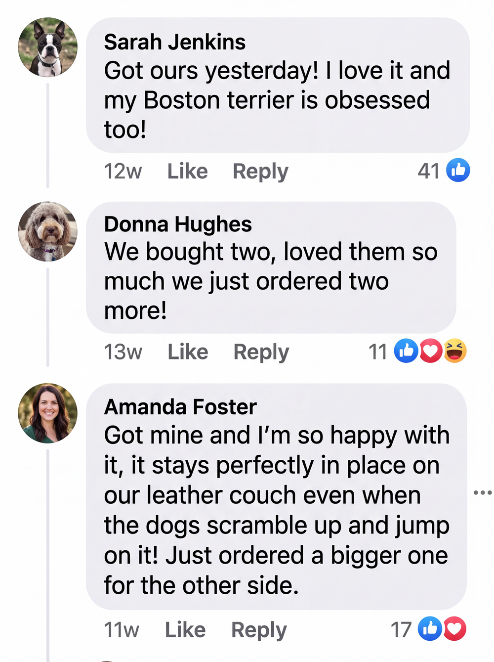 Customer comments from Sarah Jenkins, Donna Hughes and Amanda Foster