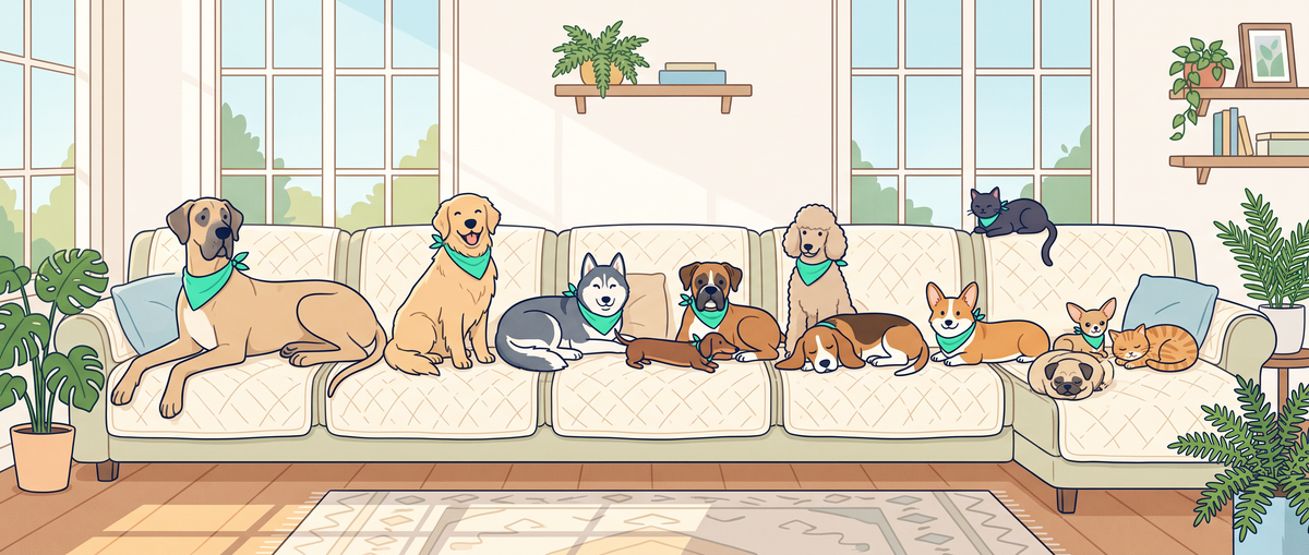 Illustration of dogs and cats lounging on one long covered sofa