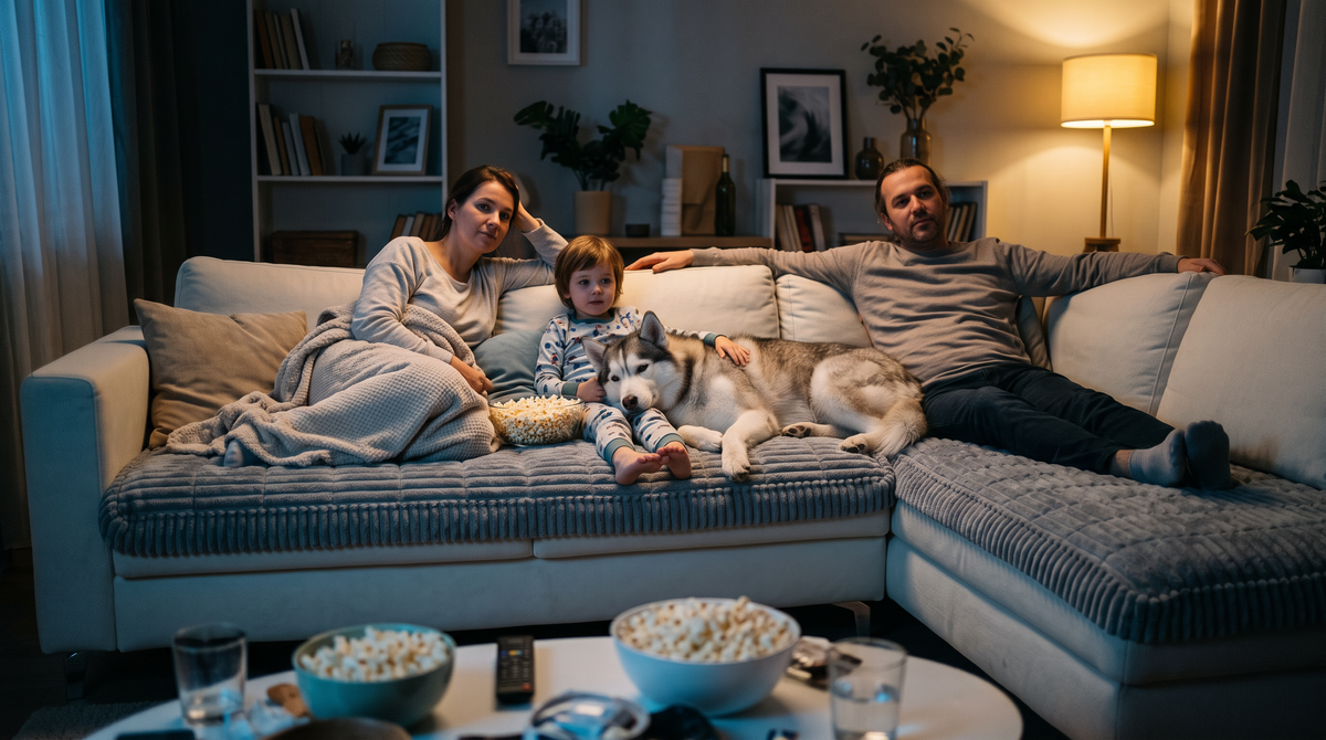 Family movie night with a husky on a covered sectional