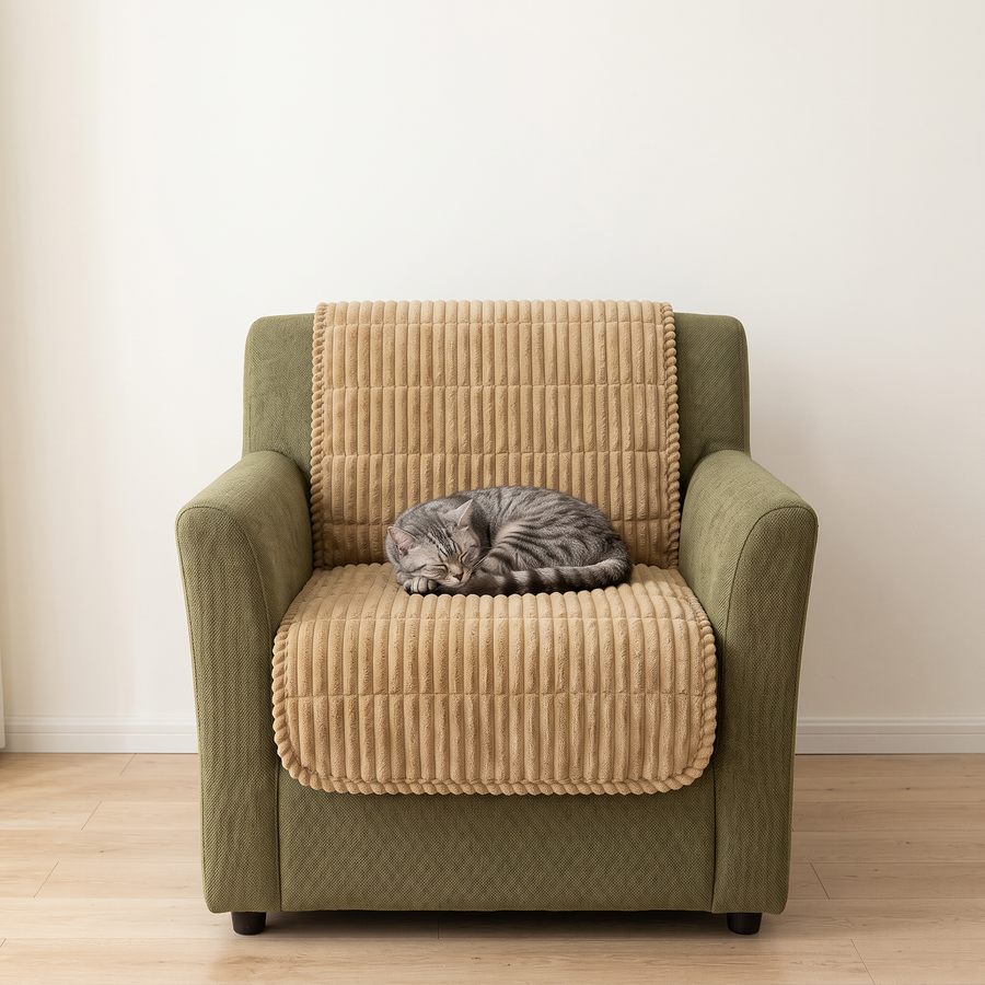 Armchair with a khaki cover and a cat