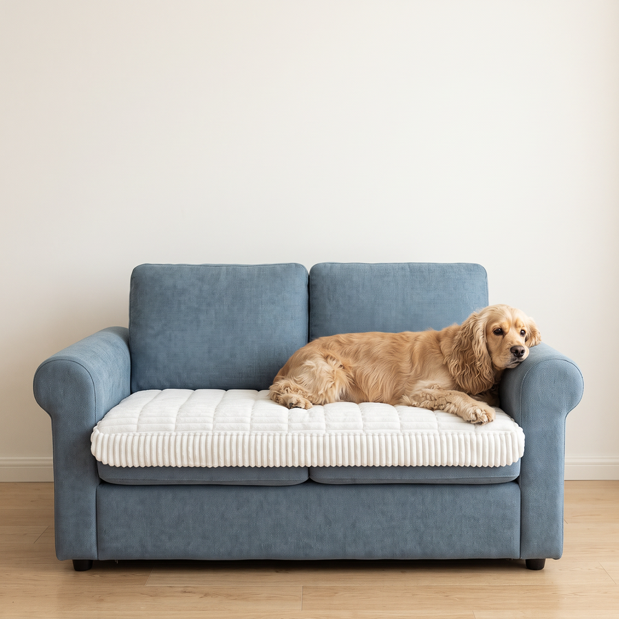 Loveseat with a white cover and a spaniel