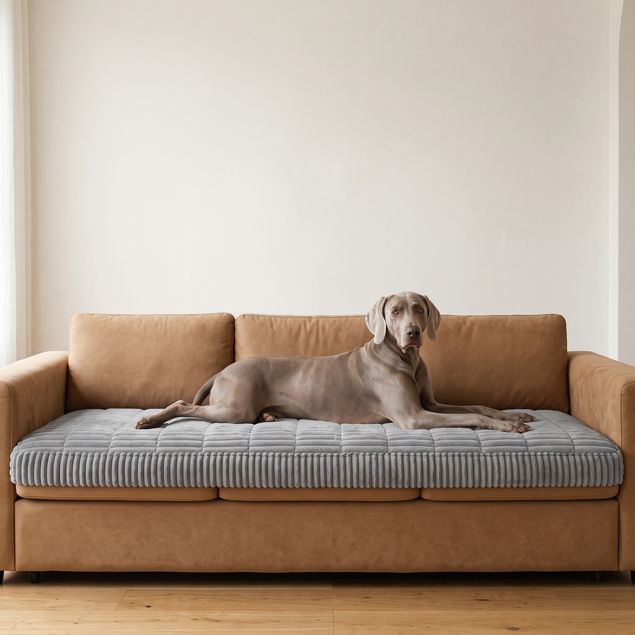 Three-seat sofa with a grey cover and a Weimaraner