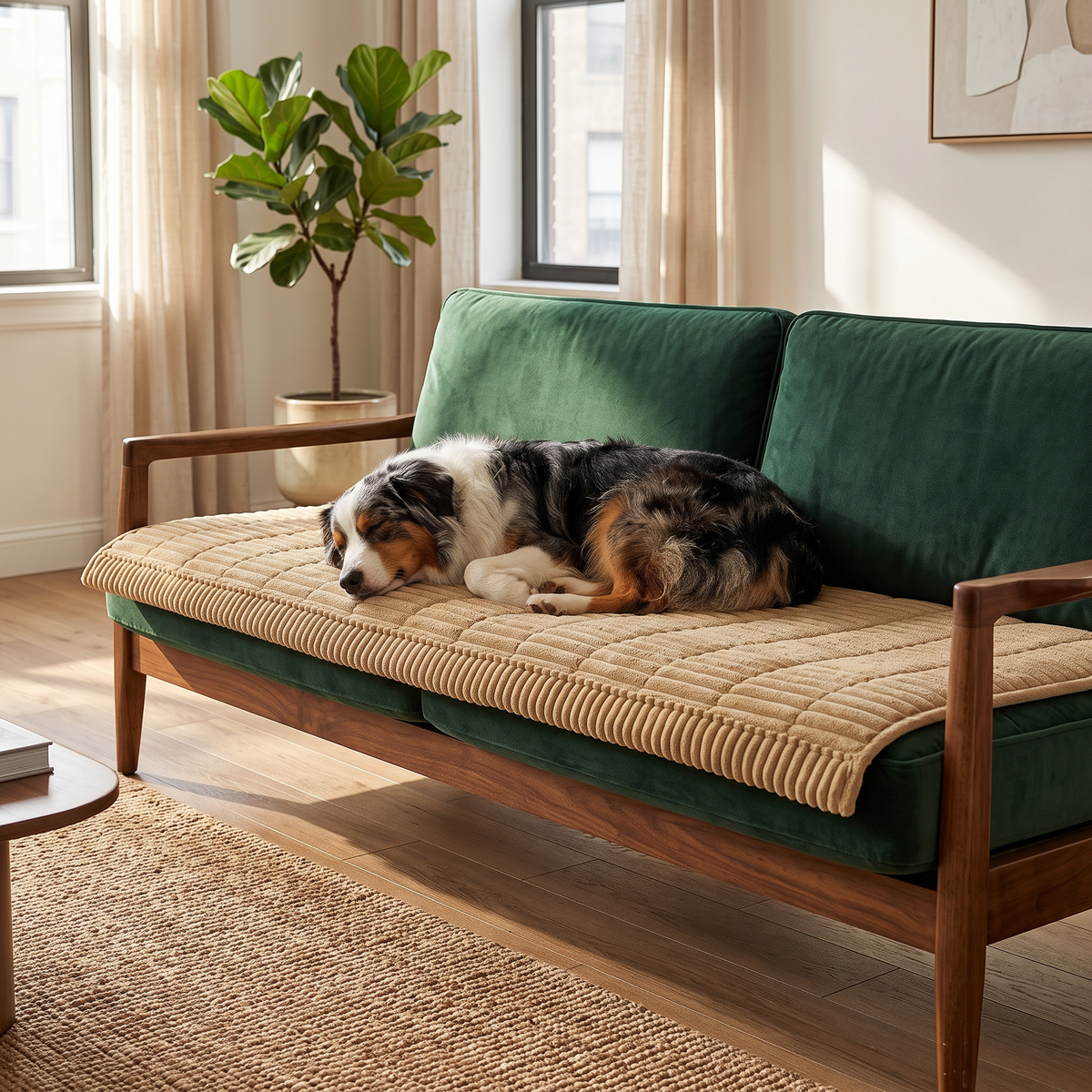 Australian Shepherd asleep on a khaki plush couch cover