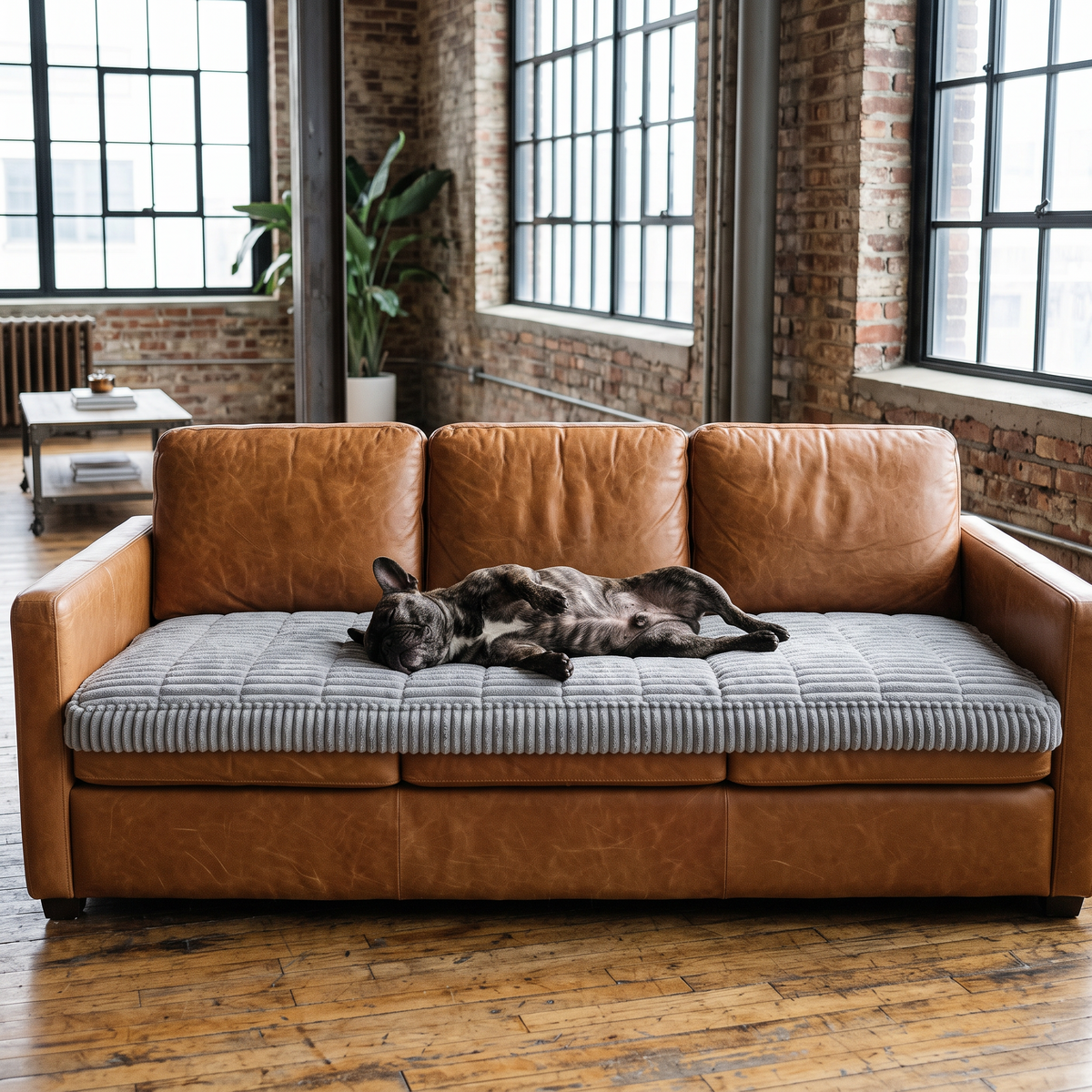 French Bulldog relaxing on a grey plush couch cover on a leather sofa