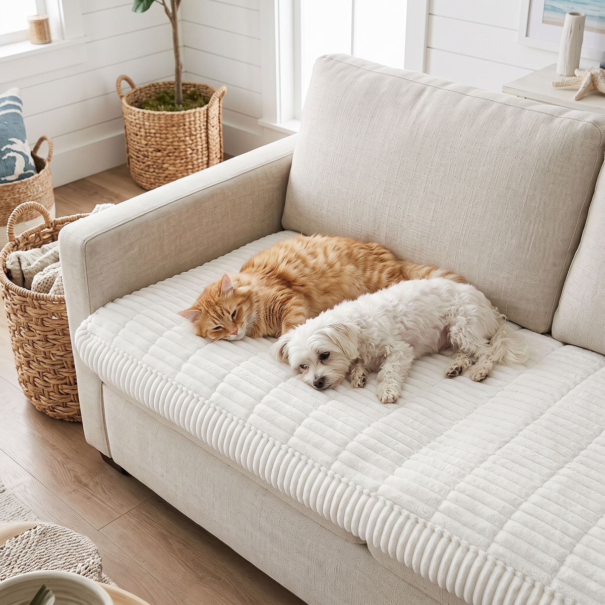 Cat and small dog sharing a white plush couch cover