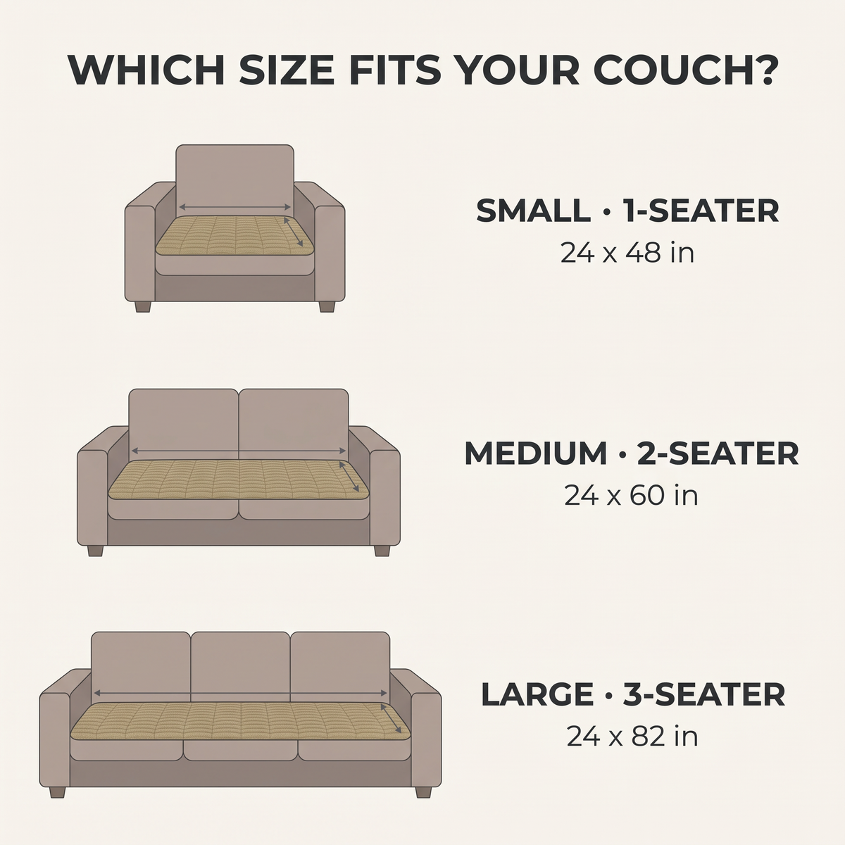 Size guide: Small 24 x 48 in, Medium 24 x 60 in, Large 24 x 82 in