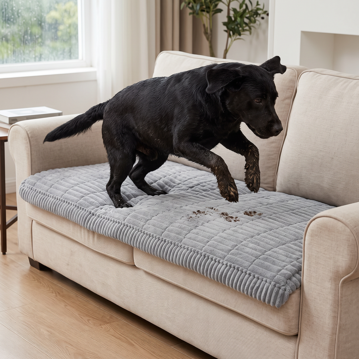 Labrador with muddy paws hopping onto a grey couch cover