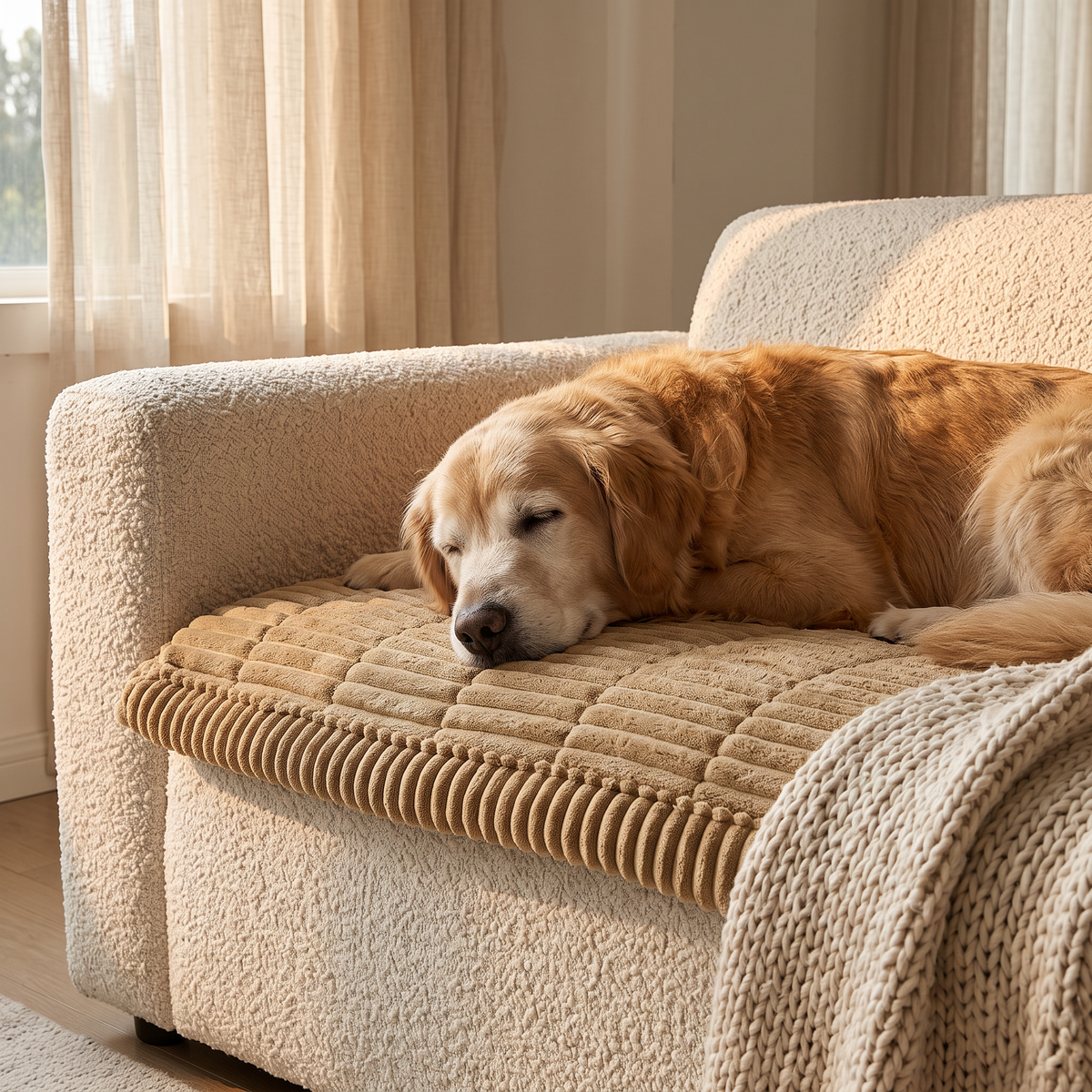 Senior golden retriever sleeping on a khaki couch cover