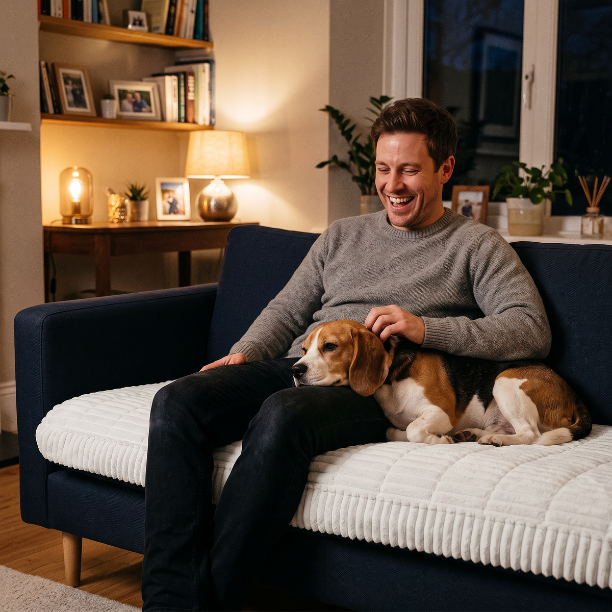 Man relaxing with his beagle on a white couch cover