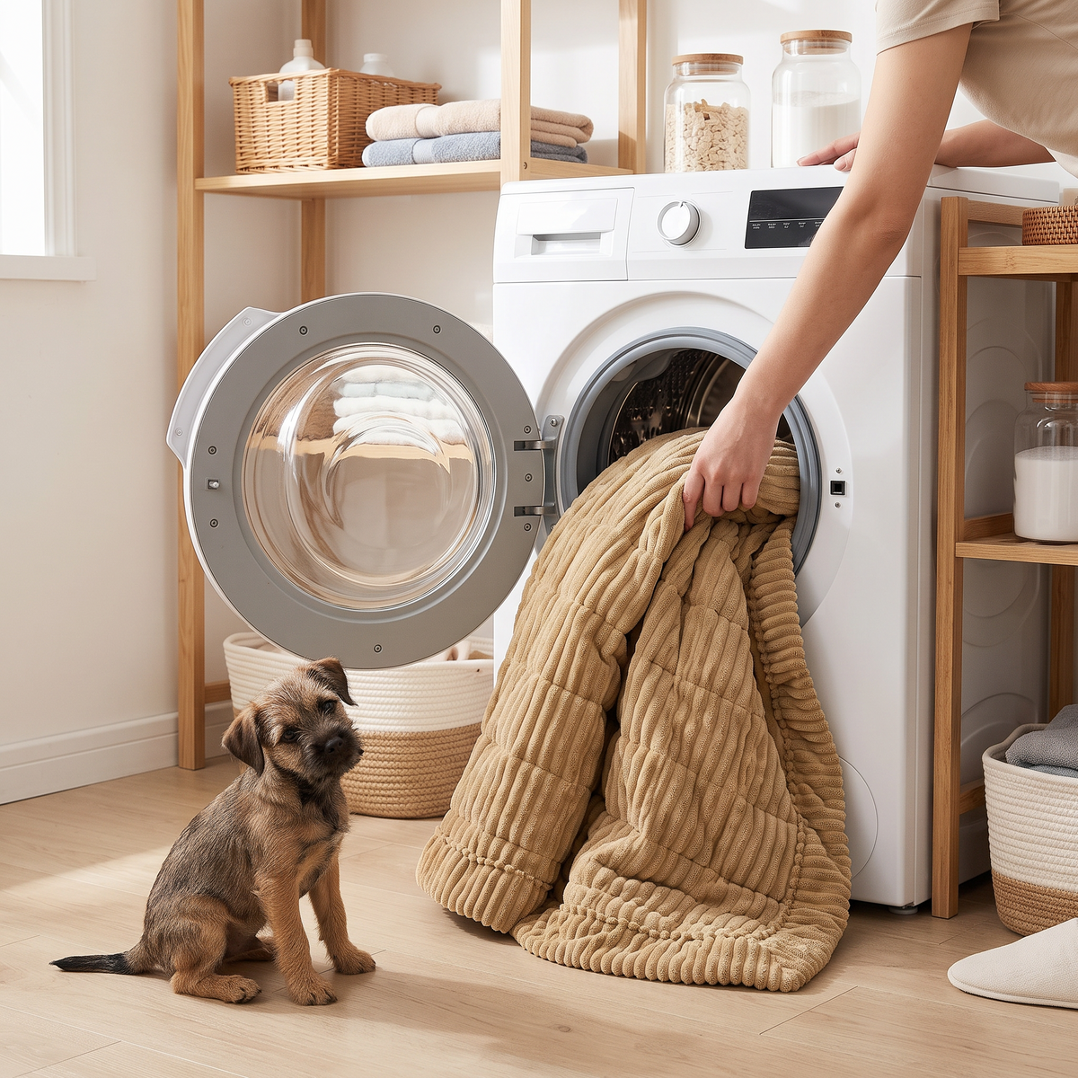 Couch cover going into a front-loading washing machine