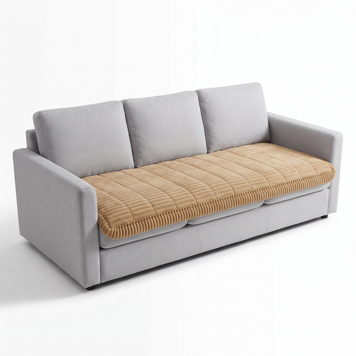 Khaki plush couch cover on a sofa
