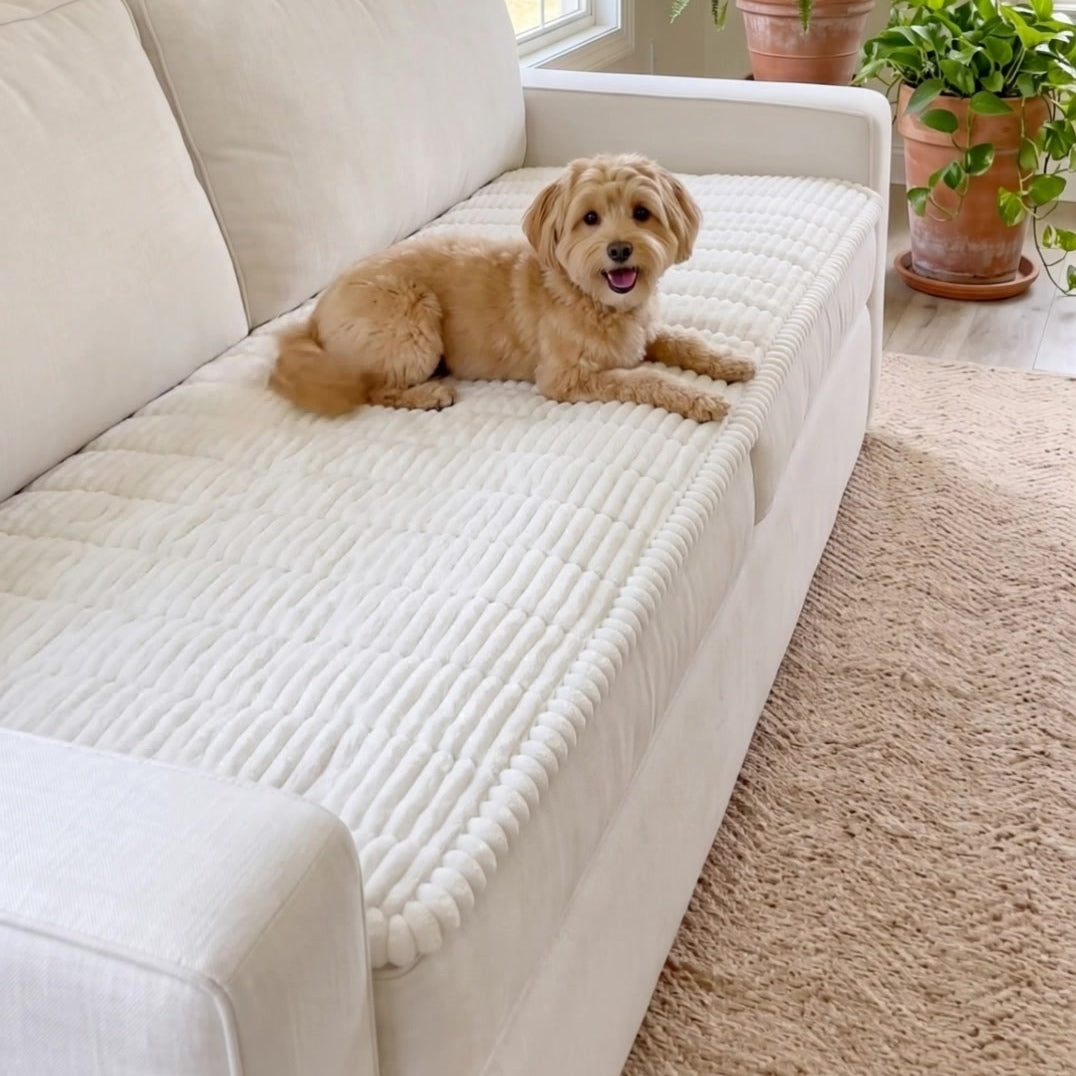 Small golden dog resting on a white ribbed seat cover in a sunlit room