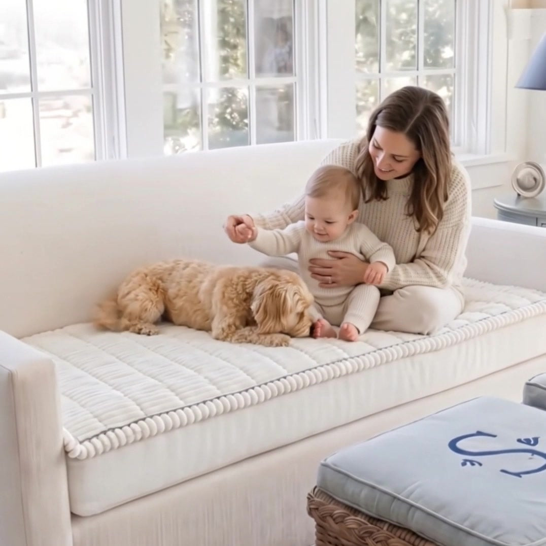 Supervised family moment with a small dog on a fitted white seat cover