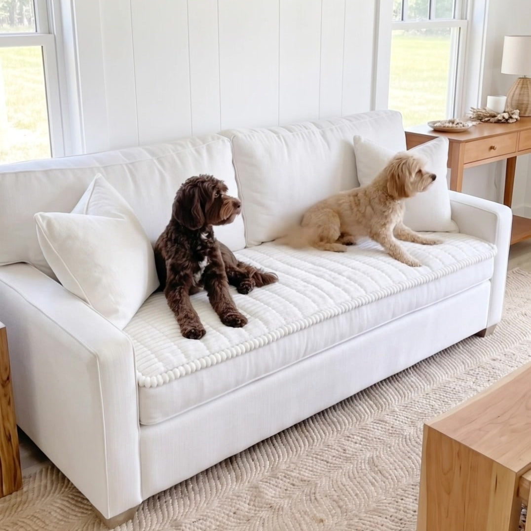 Two small dogs sharing a fully covered sofa seat in a bright room