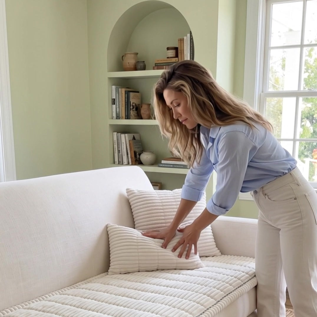 Matching pillows styled with a smooth white ribbed seat pad